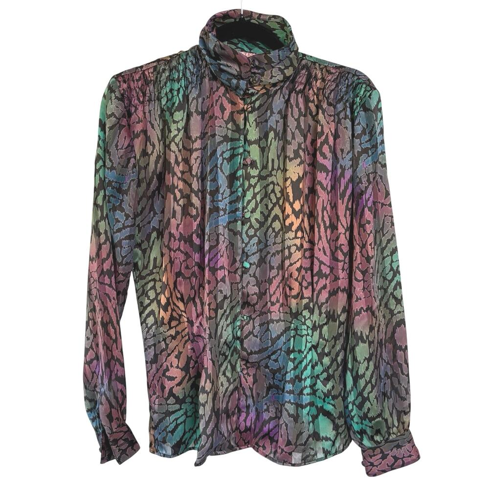 Vintage Rainbow Silky Blouse Animal Print High Neck Maximalist Career Size 4